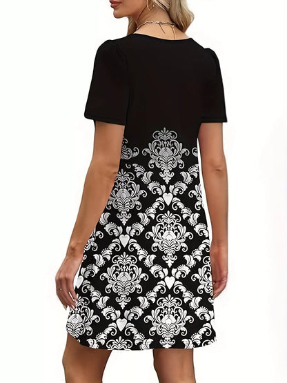 Printed Round Neck Short Sleeve Dress