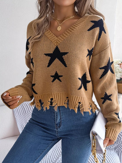 Star Pattern V-Neck Distressed Sweater Taupe
