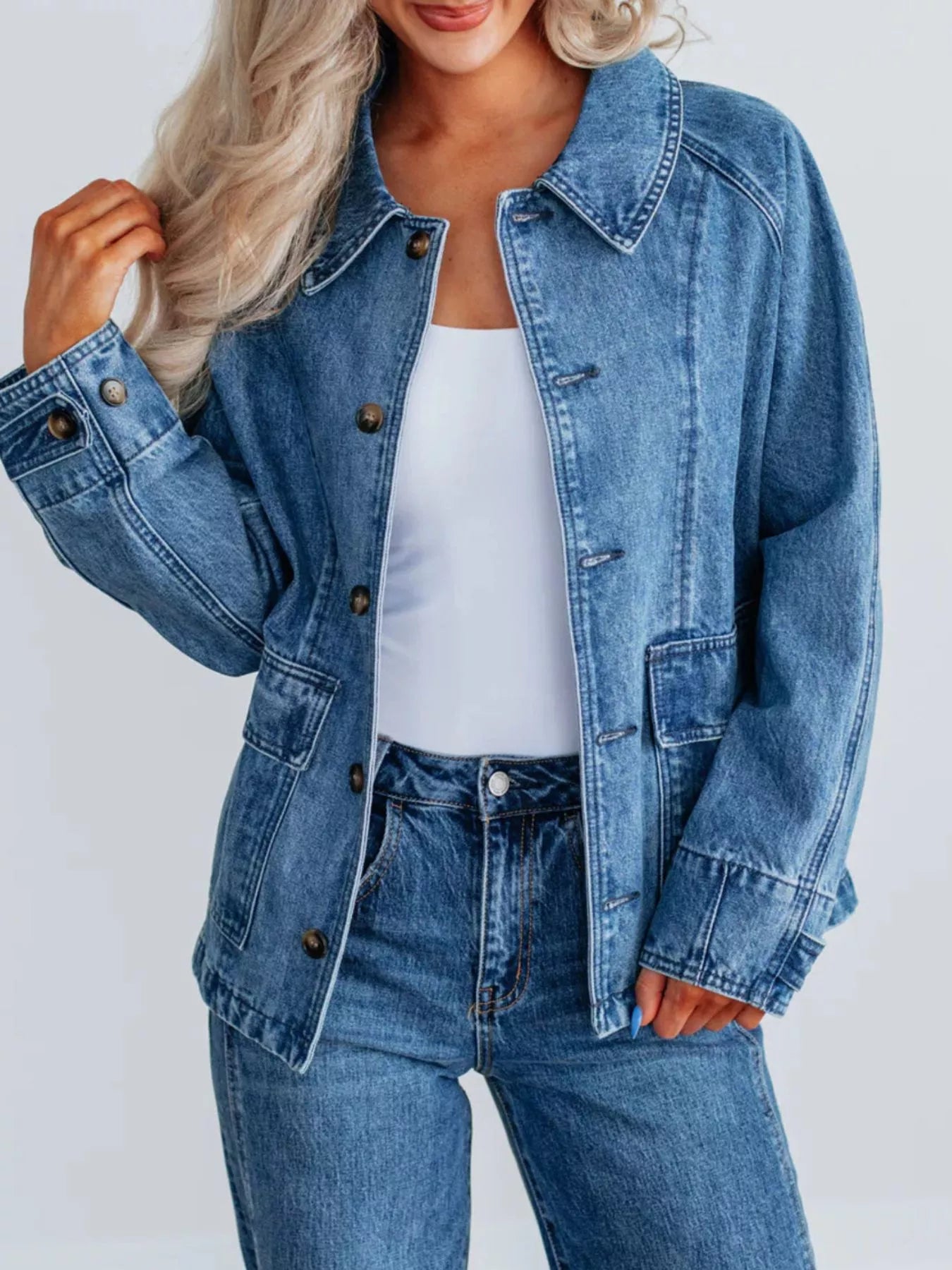 Button Up Raglan Sleeve Denim Jacket Blue