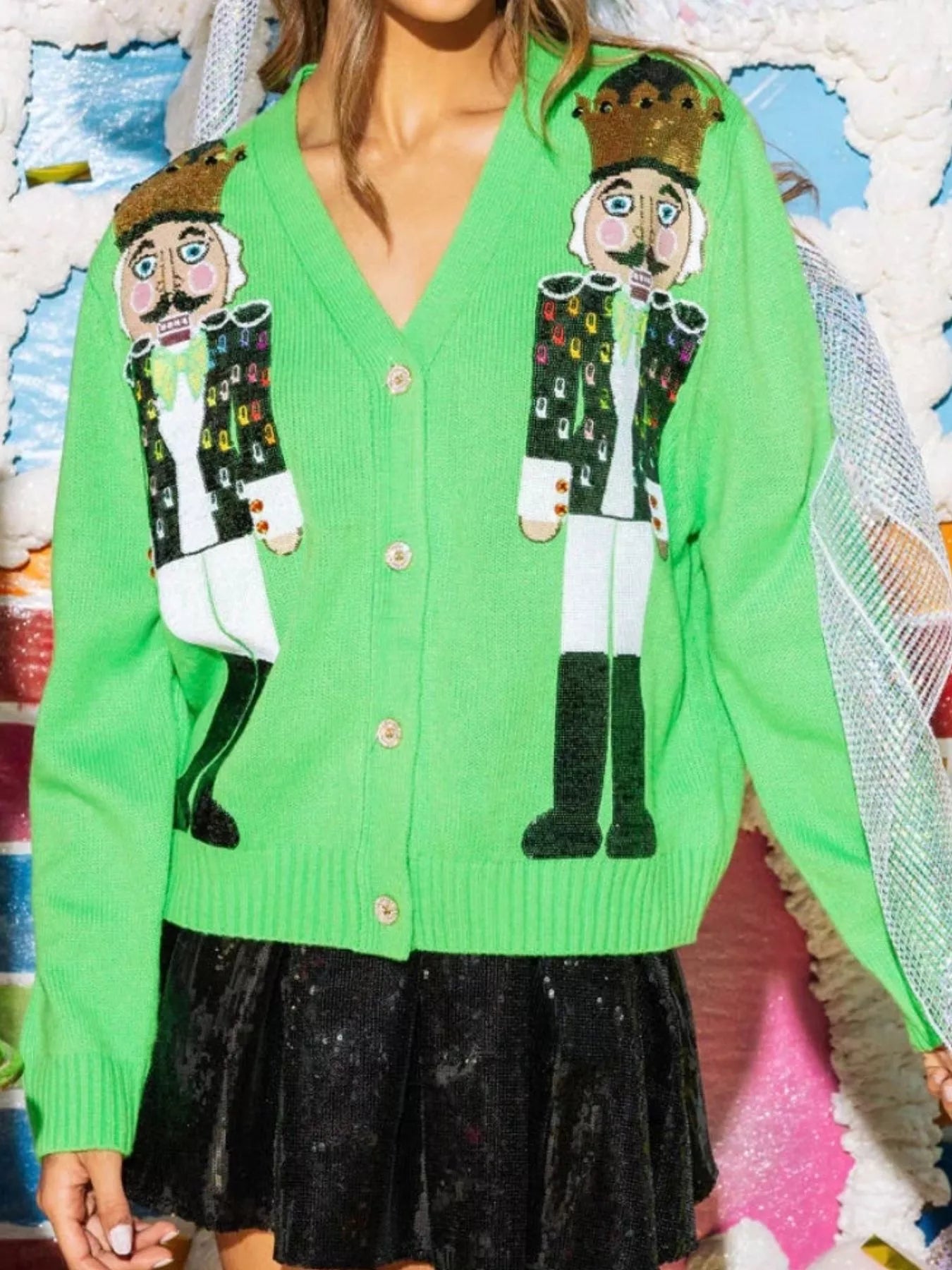 Nutcracker Ribbed Hem V-Neck Cardigan