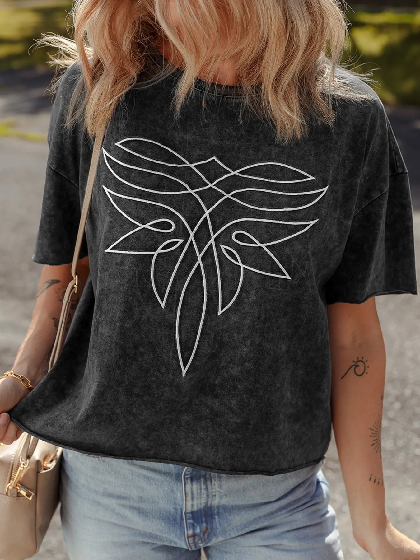 Floral Embroidered Mineral Wash Crew Neck T Shirt