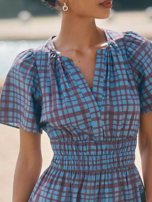 Printed Notched Short Sleeve Dress