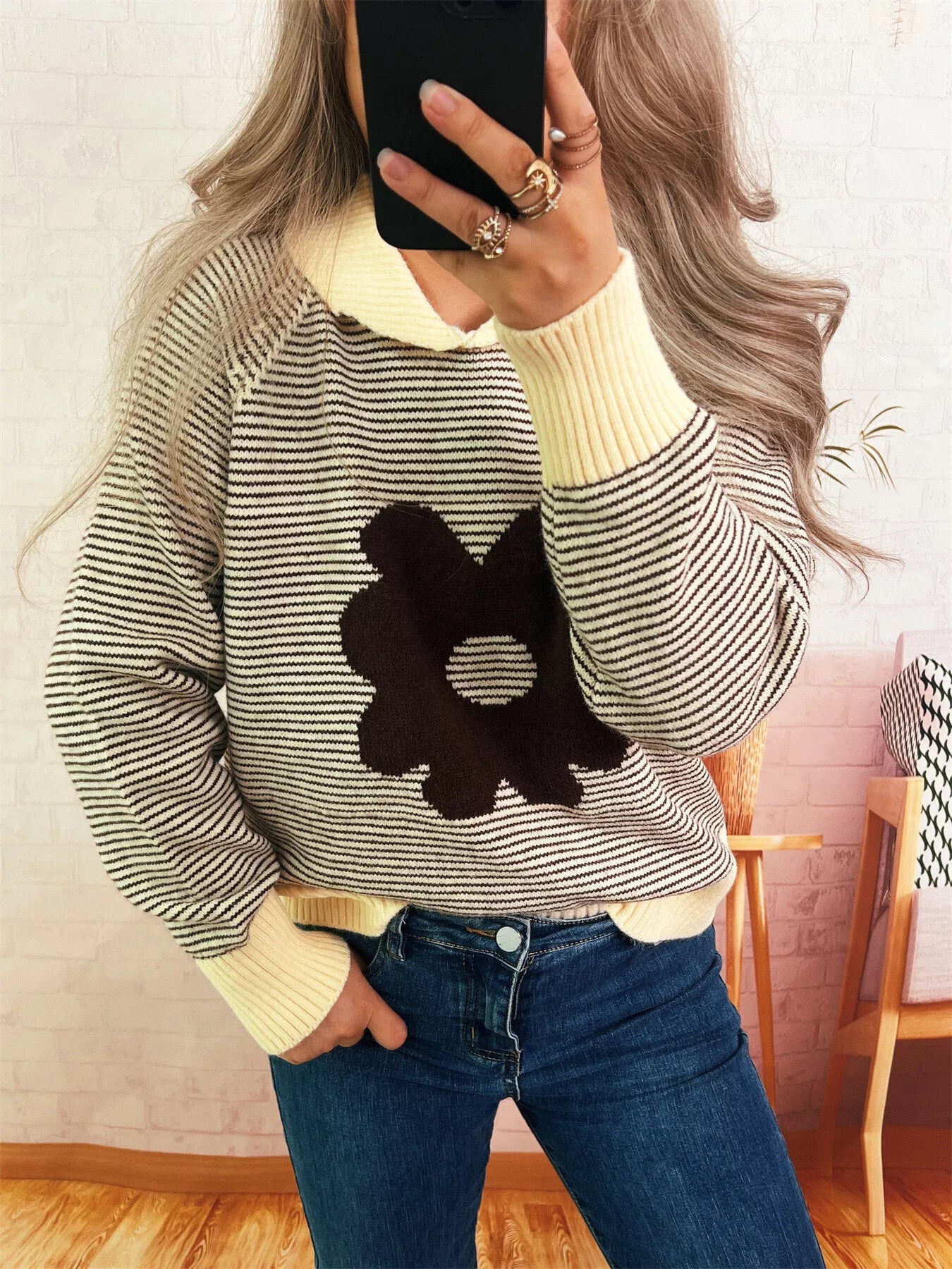 Striped Flower Raglan Sleeve Sweater