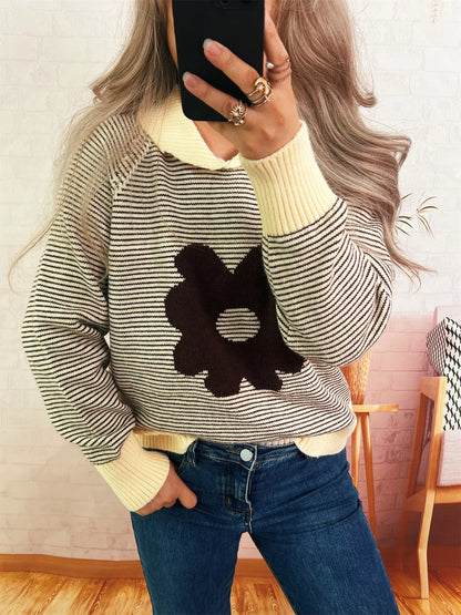 Striped Flower Raglan Sleeve Sweater