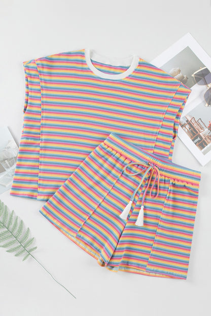 Striped Round Neck Top and Shorts Set