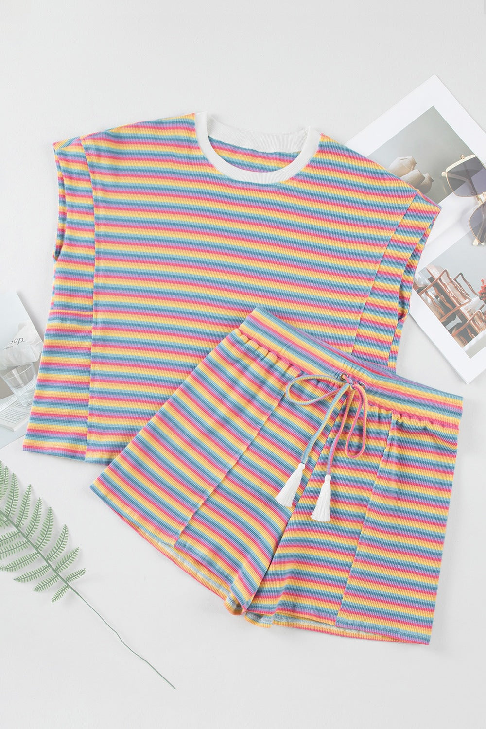 Striped Round Neck Top and Shorts Set