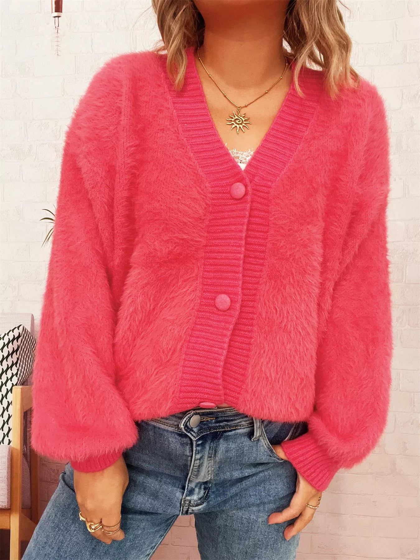 Fuzzy Button-Up Long Sleeve Cardigan