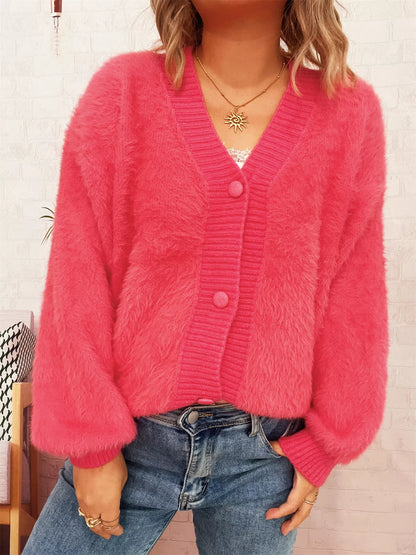 Fuzzy Button-Up Long Sleeve Cardigan