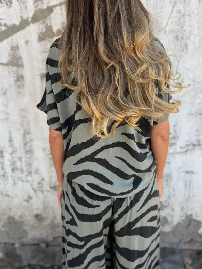 Zebra Print V-Neck Top and Pants Set