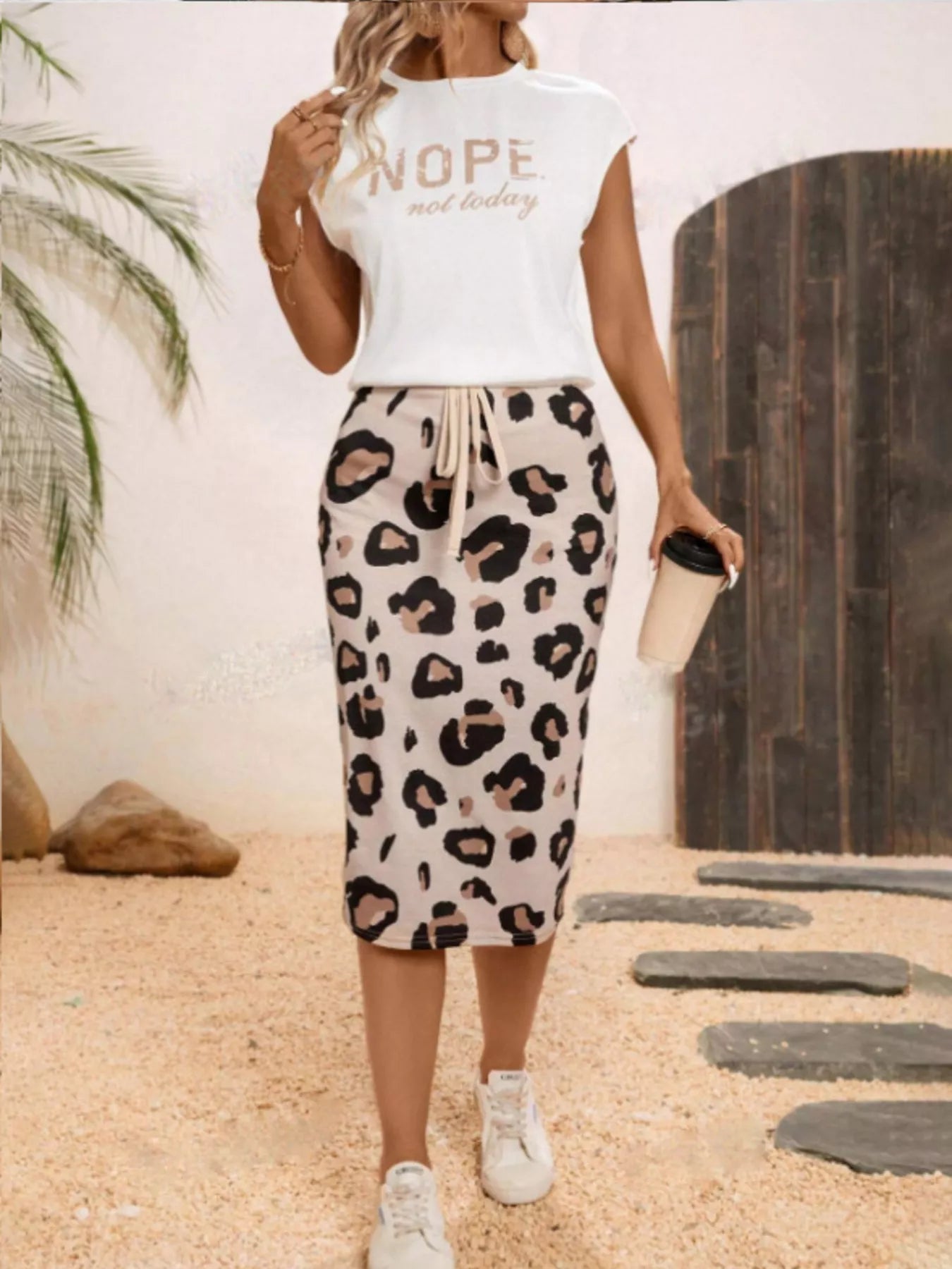 Letter Round Neck Cap Sleeve Top and Leopard Skirt Set