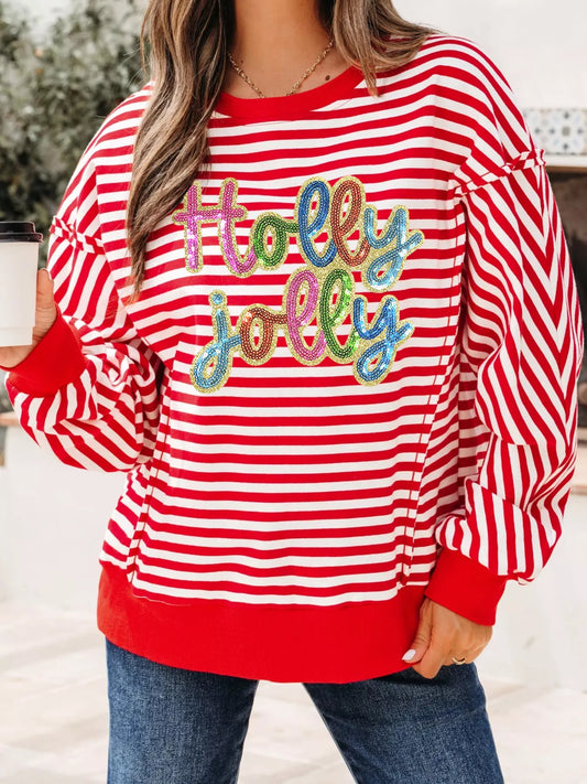 Stripe Holly Jolly Sequin Graphic Drop Shoulder Long Sleeve Top Strawberry