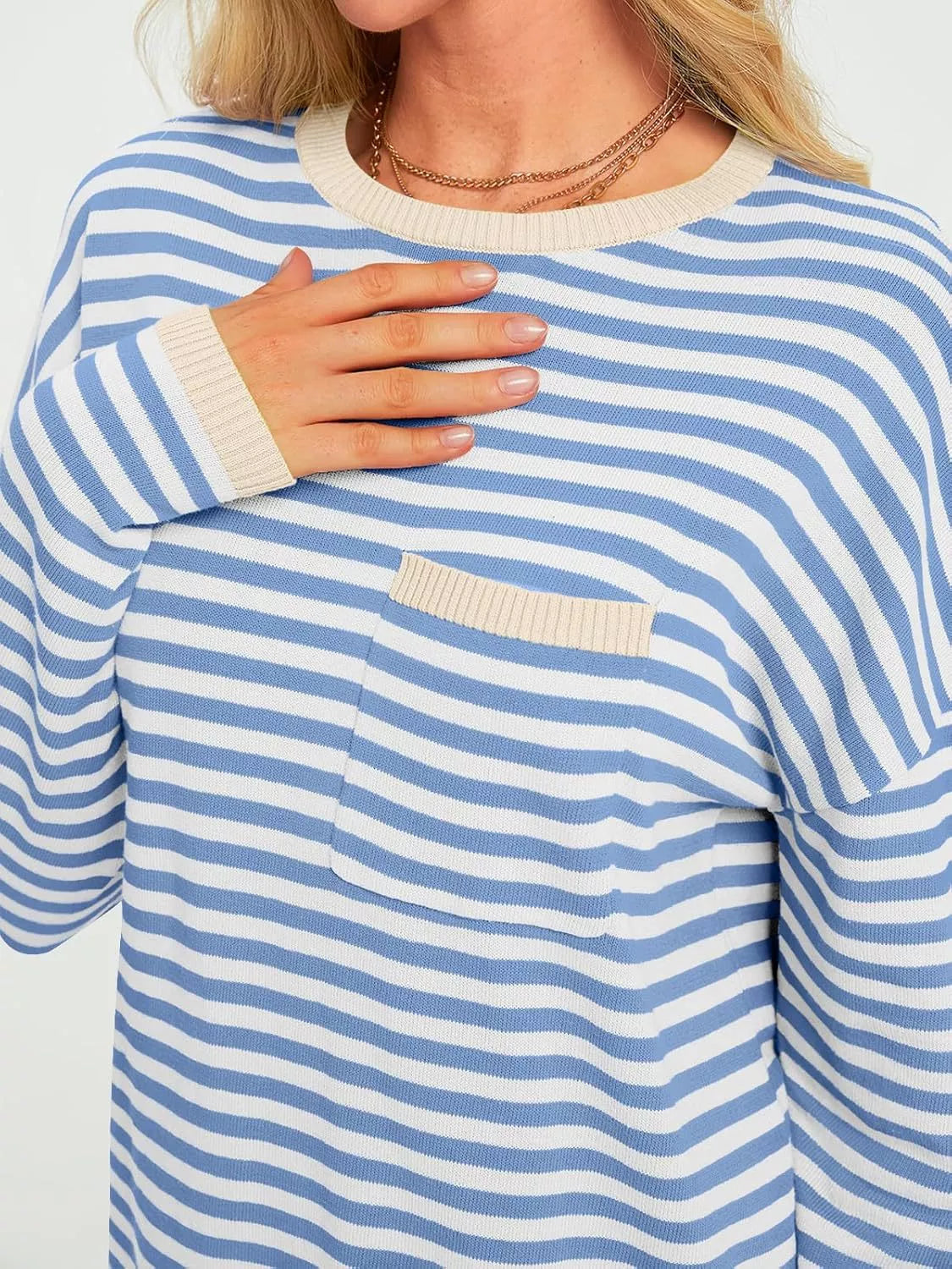 Striped Long Sleeve Sweater with Contrast Ribbed Trim