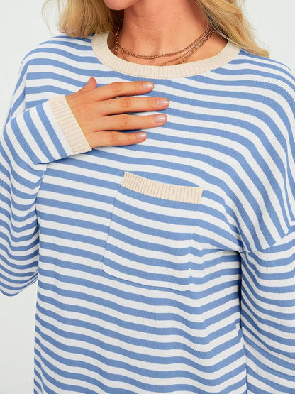 Striped Long Sleeve Sweater with Contrast Ribbed Trim