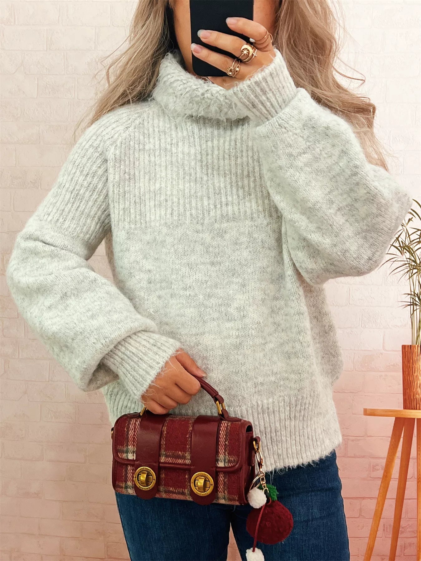 Ribbed Turtleneck Long Sleeve Sweater Light Gray One Size