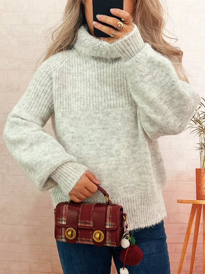 Ribbed Turtleneck Long Sleeve Sweater Light Gray One Size