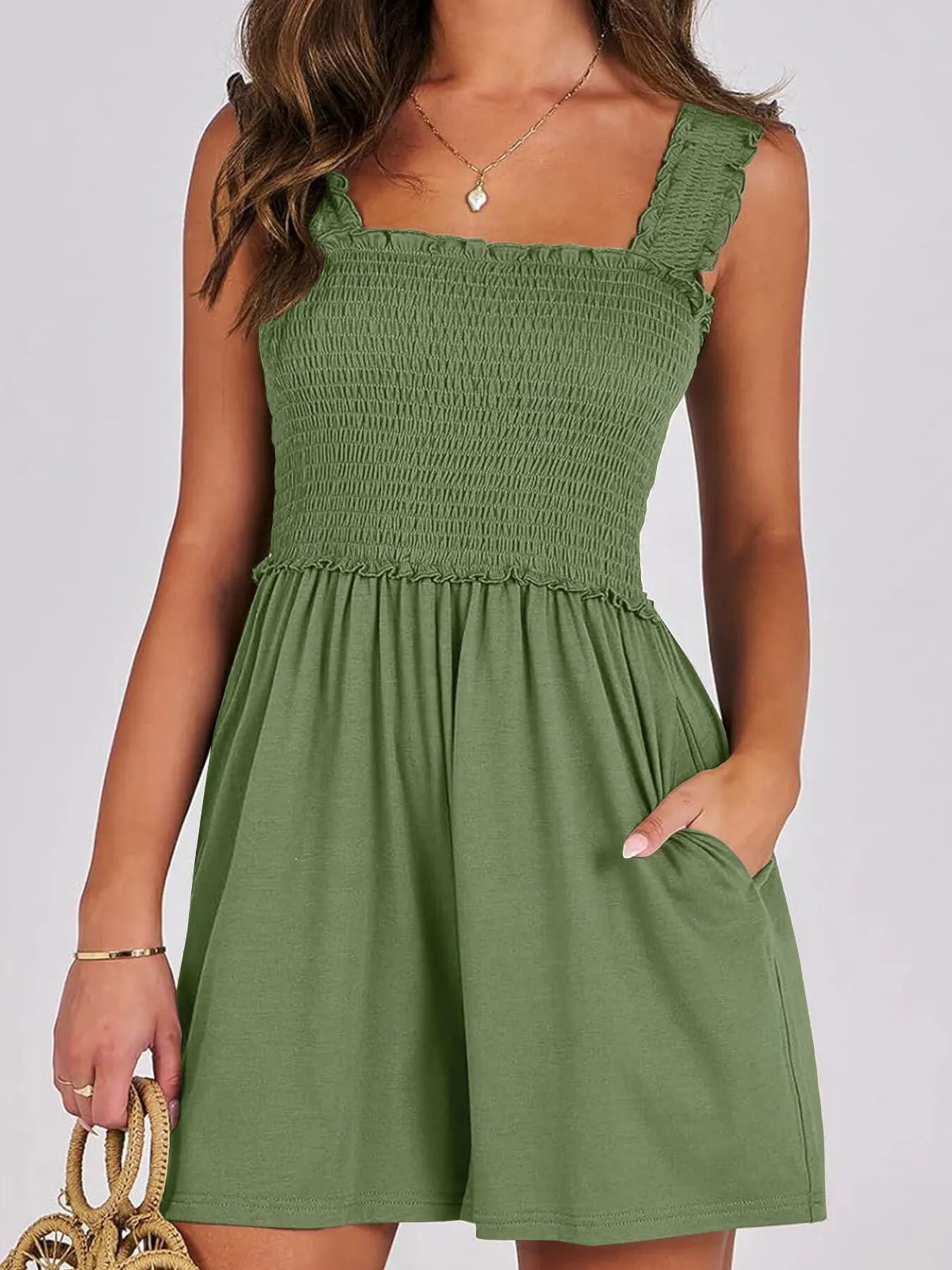 Smocked Square Neck Summer Romper Emerald Green