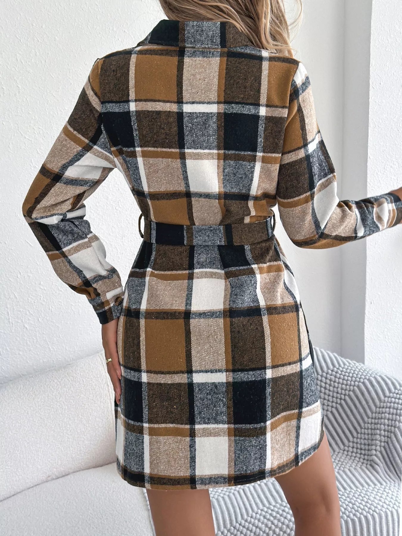 Plaid Button Front Tie Waist Shirt Dress