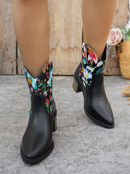 Floral Embroidered Western Ankle Boots