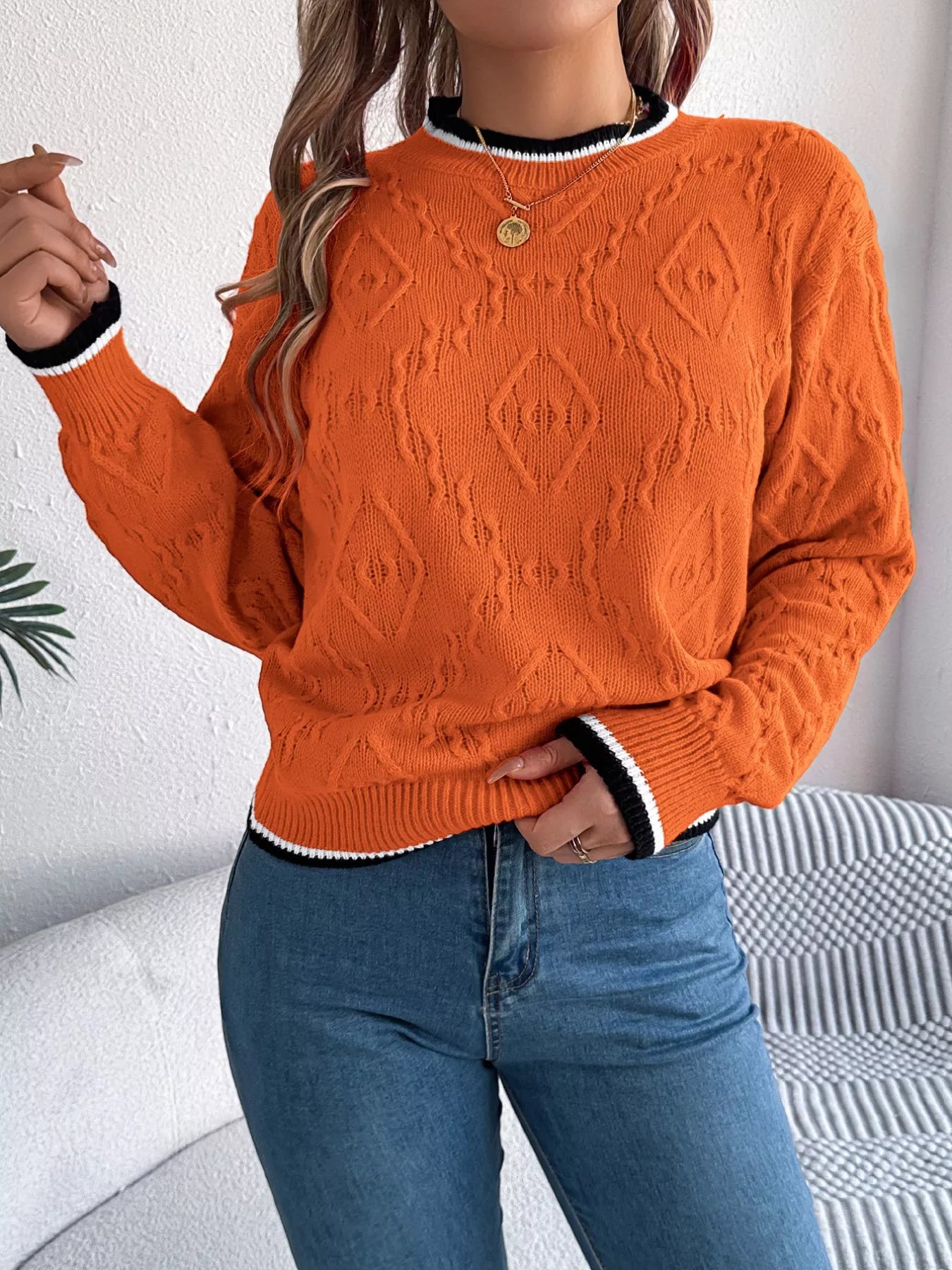 Contrast Trim Round Neck Sweater Tangerine