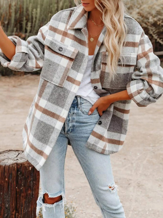 Plaid Button-Down Long Sleeve Jacket Grey