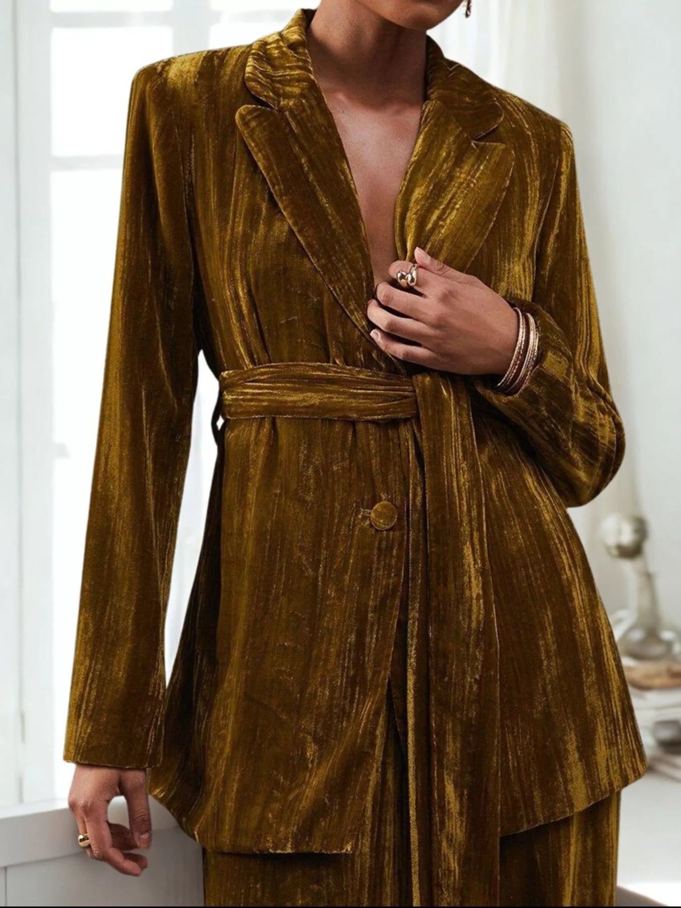 Velvet Lapel Collar Blazer & Pants Set Tan