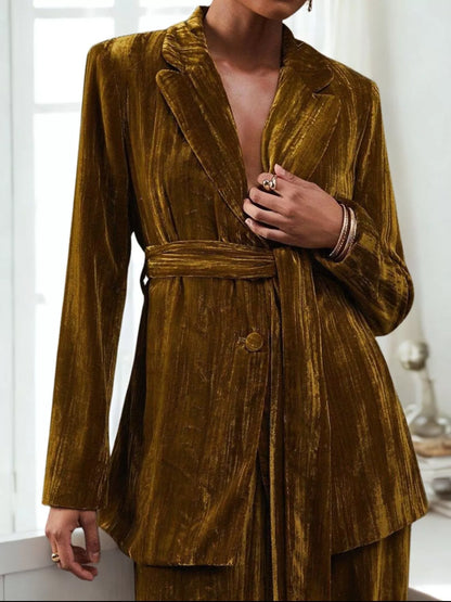 Velvet Lapel Collar Blazer & Pants Set Tan