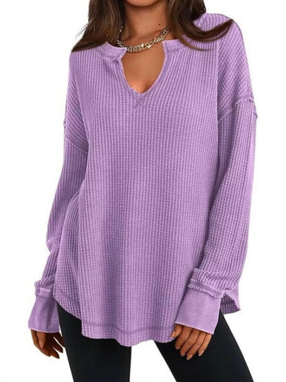 Waffle Knit Long Sleeve Sweatshirt Purple