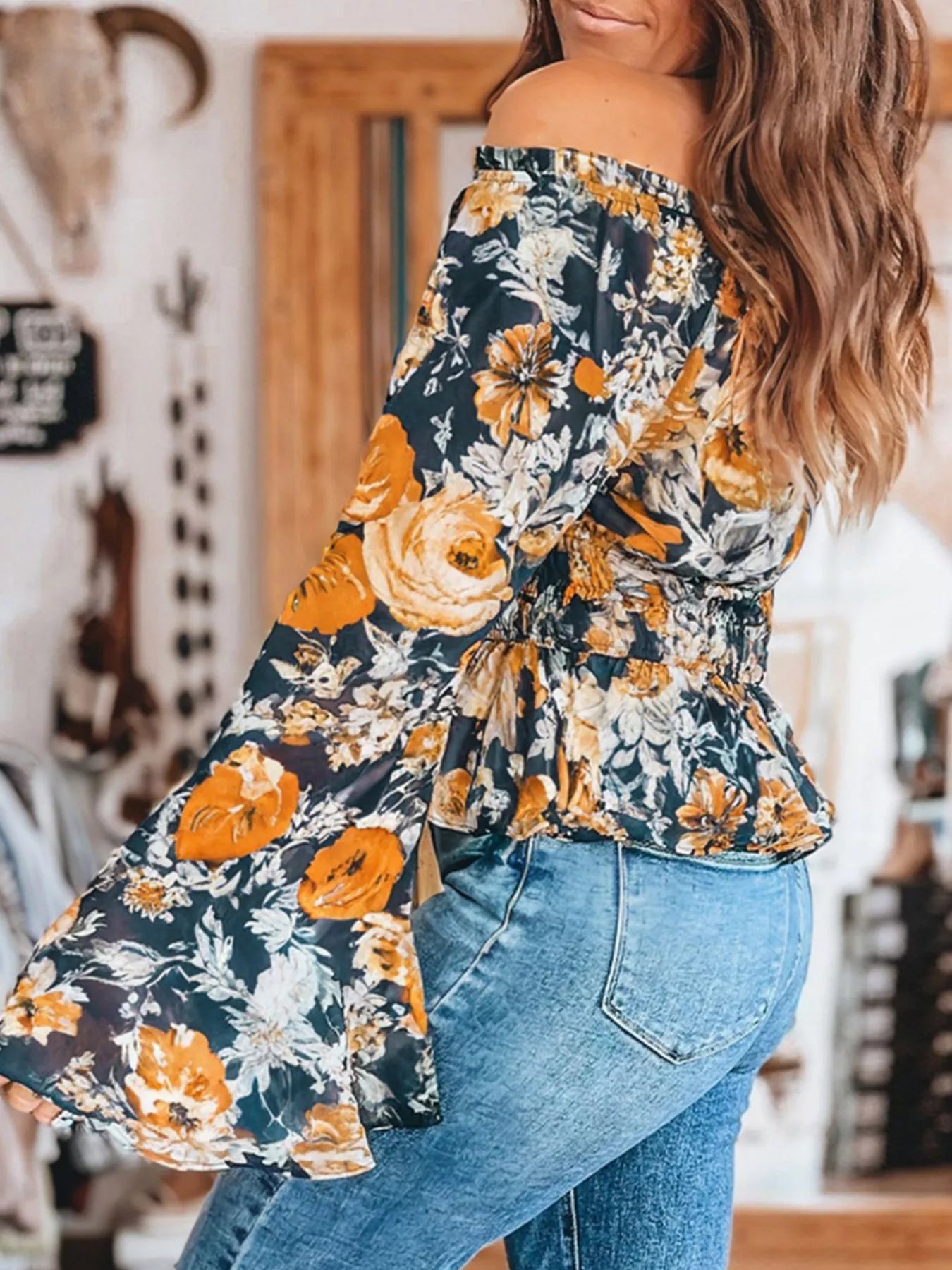 Floral Off Shoulder Bell Sleeve Smocked Peplum Top