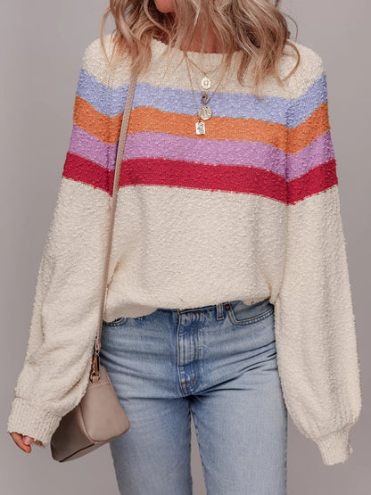 Striped Color Block Loose Sleeve Sweater Beige