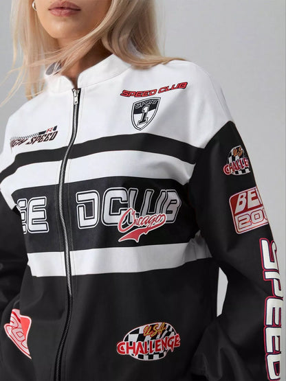 Letter Zip Up Dropped Shoulder Jacket