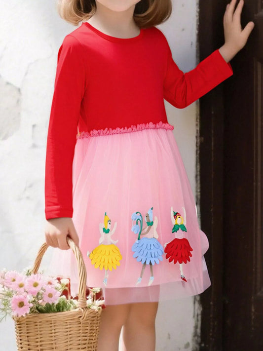 Children's Ballerina Applique Tulle Dress Red