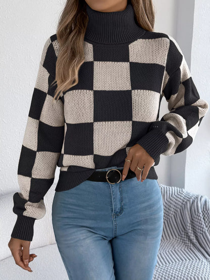 Checkered Turtleneck Long Sleeve Sweater Black