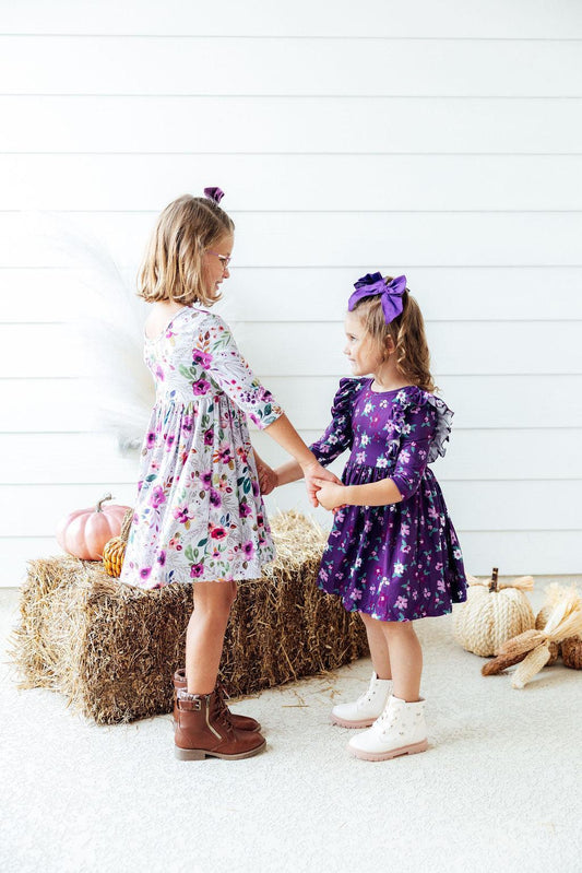 Violets in Bloom 3/4 Sleeve Ruffle Twirl Dress