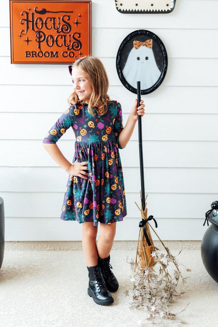 Skeleton Web 3/4 Sleeve Pocket Twirl Dress