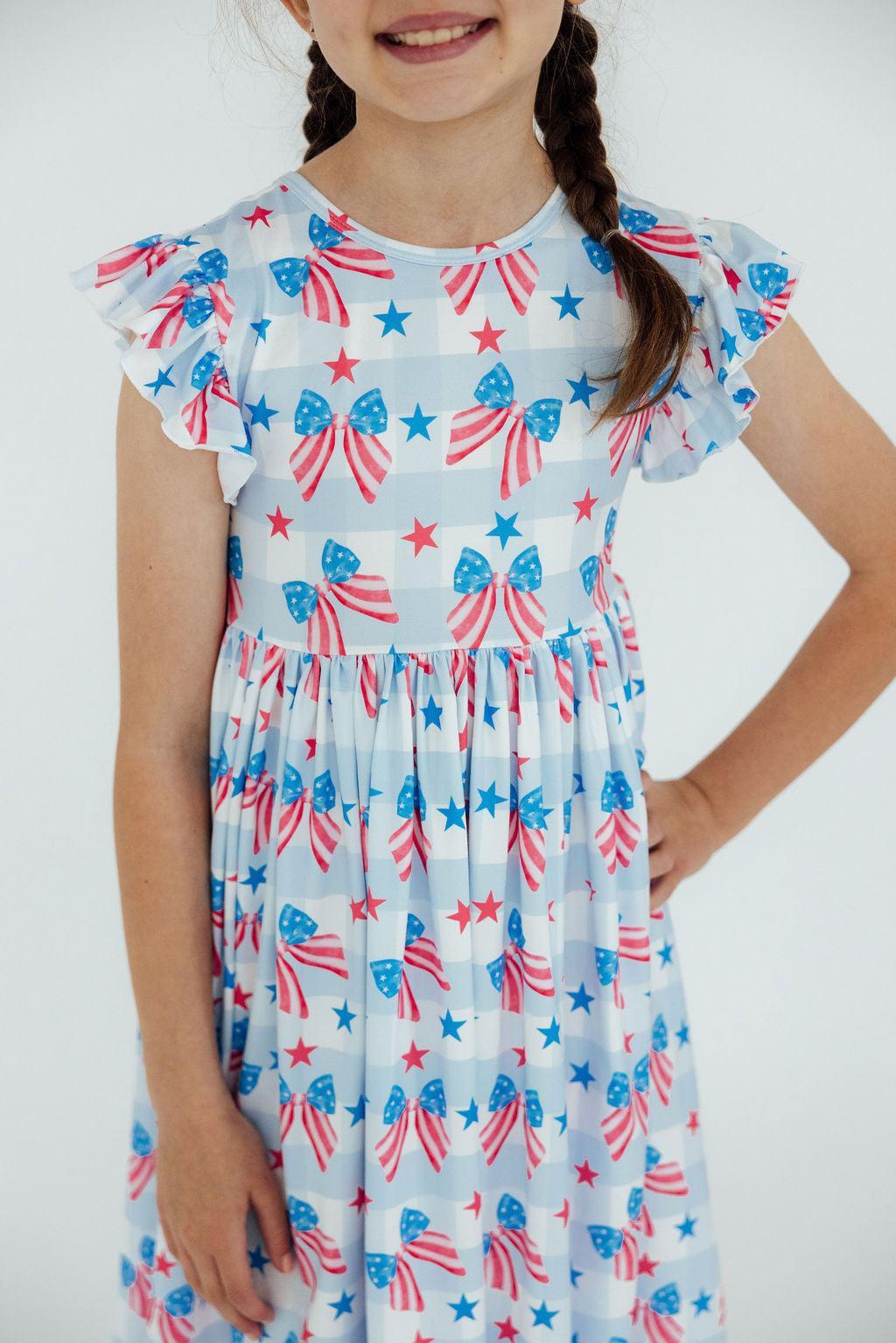 Red, White & Bows Flutter Sleeve Twirl Dress