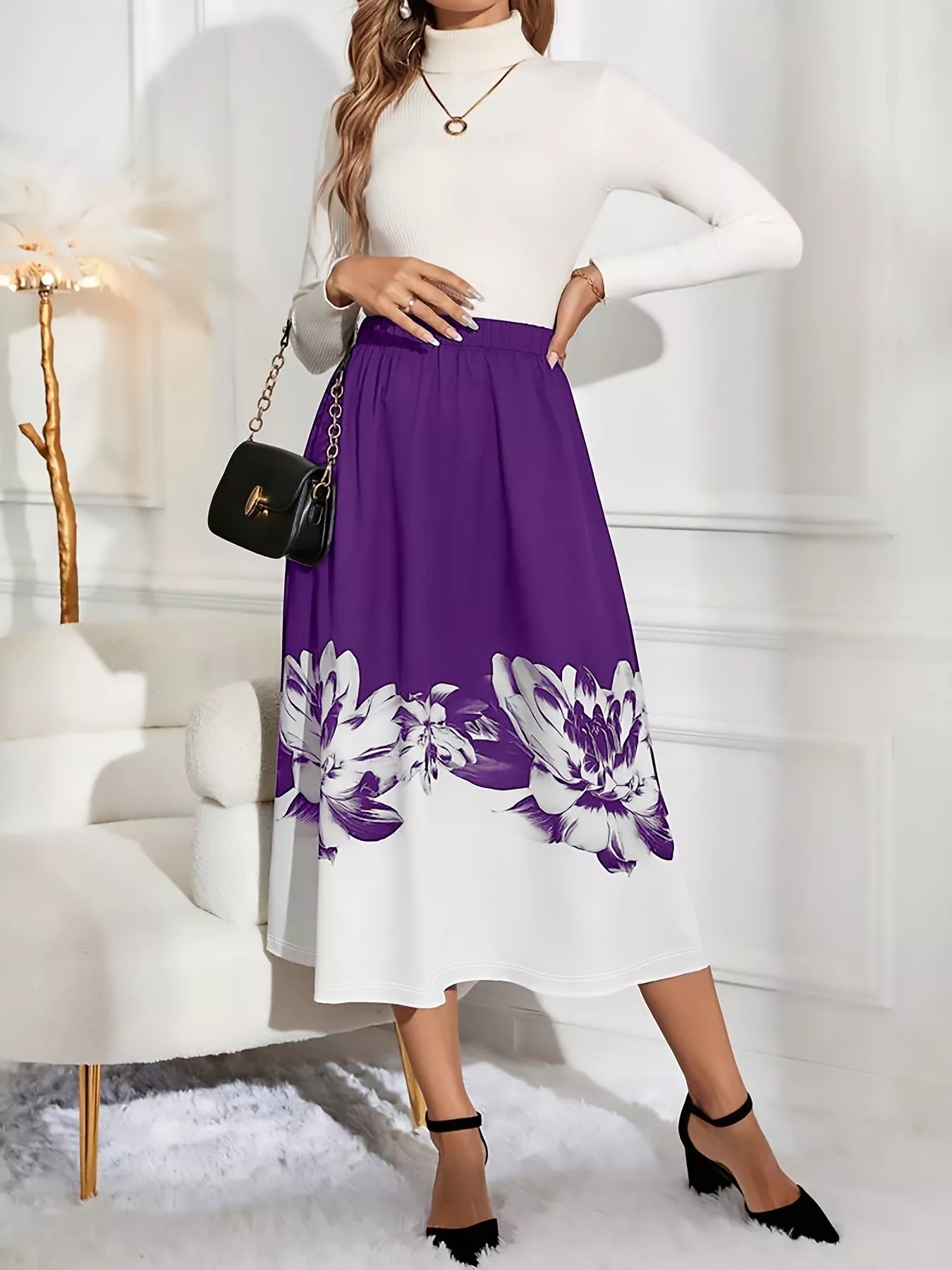 Floral Print A-Line Midi Skirt Purple