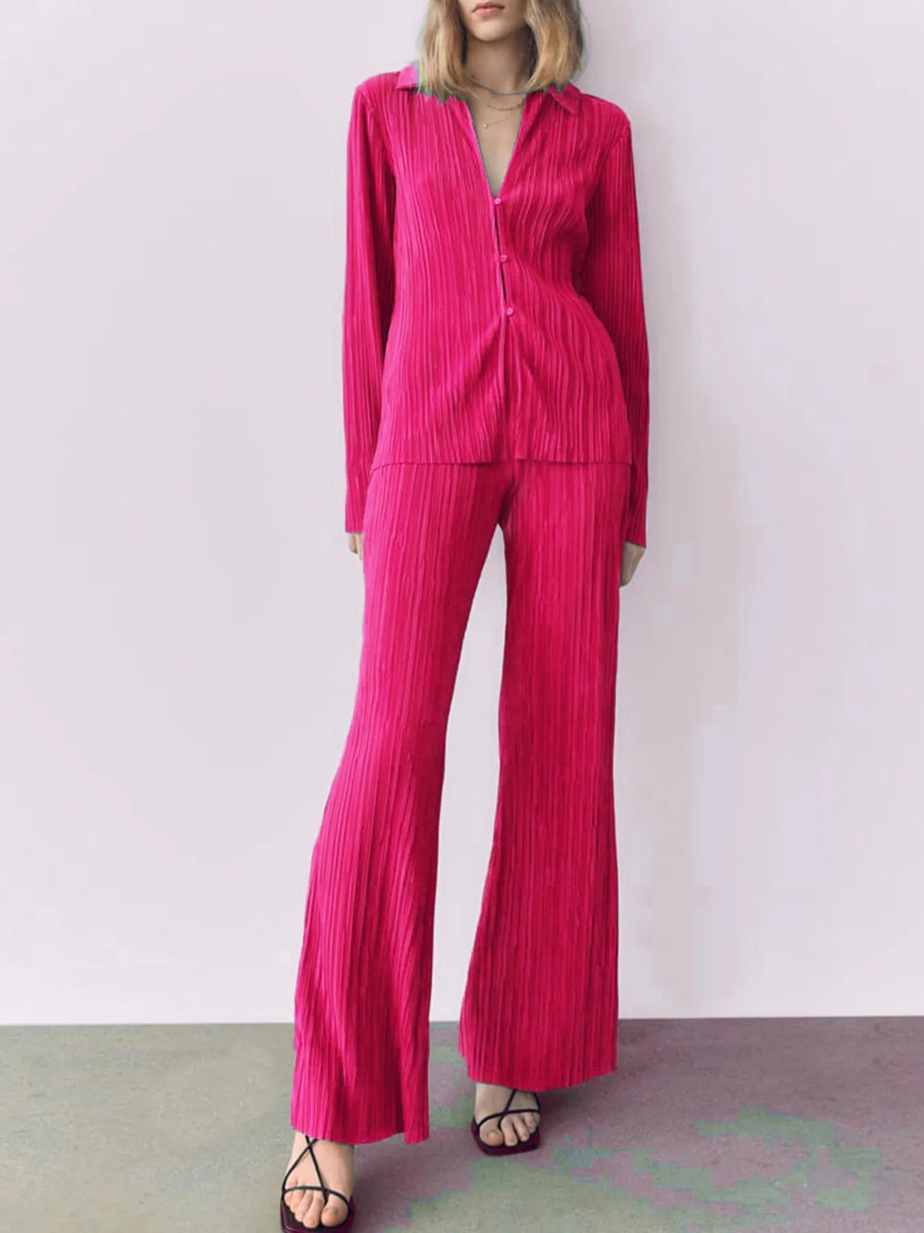 Texture Long Sleeve Top and Pants Lounge Set Rose Red