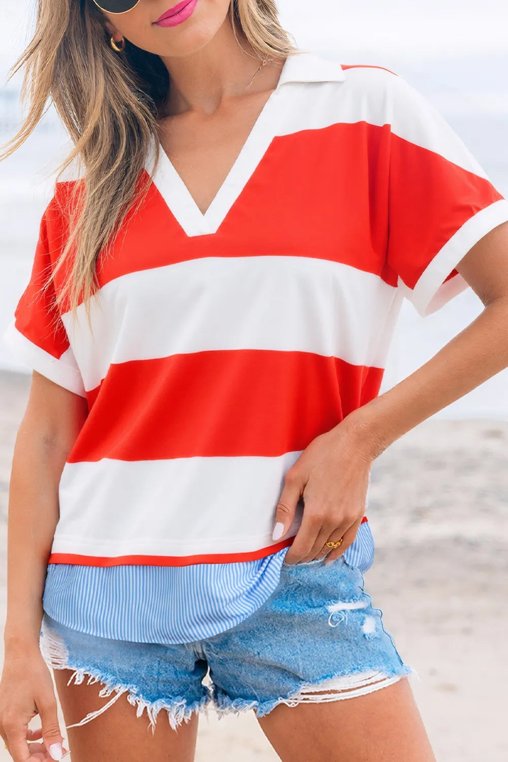 Stripe Collar V Neck Cuffed Dolman Short Sleeve Top