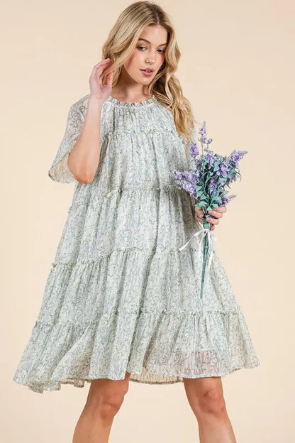 Lime 'N' Chili Ditsy Floral Print Sheer Ruffle Detail Mini Dress