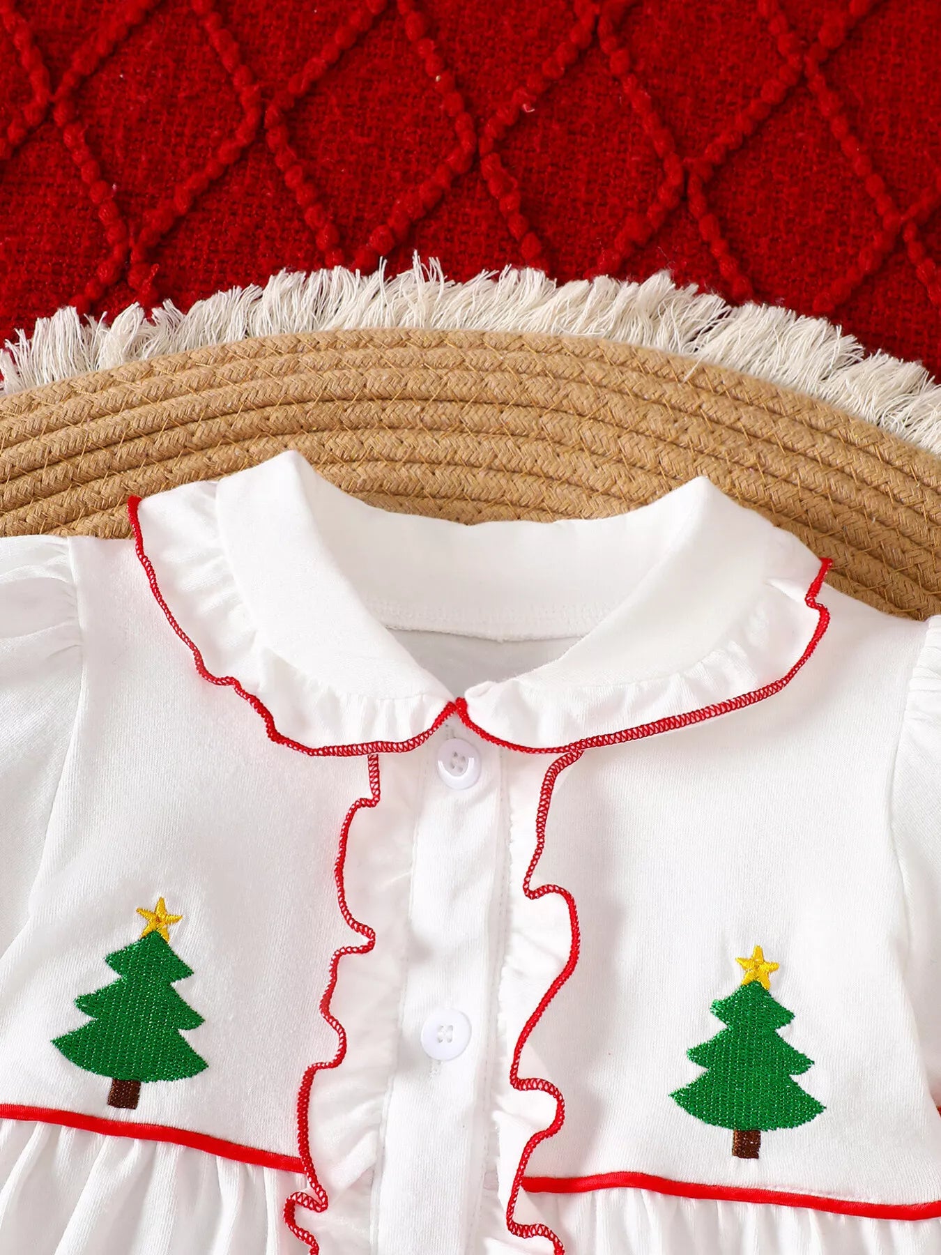 Children's Christmas Tree Embroidered Ruffle Trim Dress