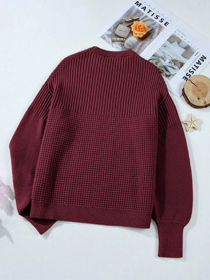 Solid Color Mixed Textured Knitted Crew Neck Sweater