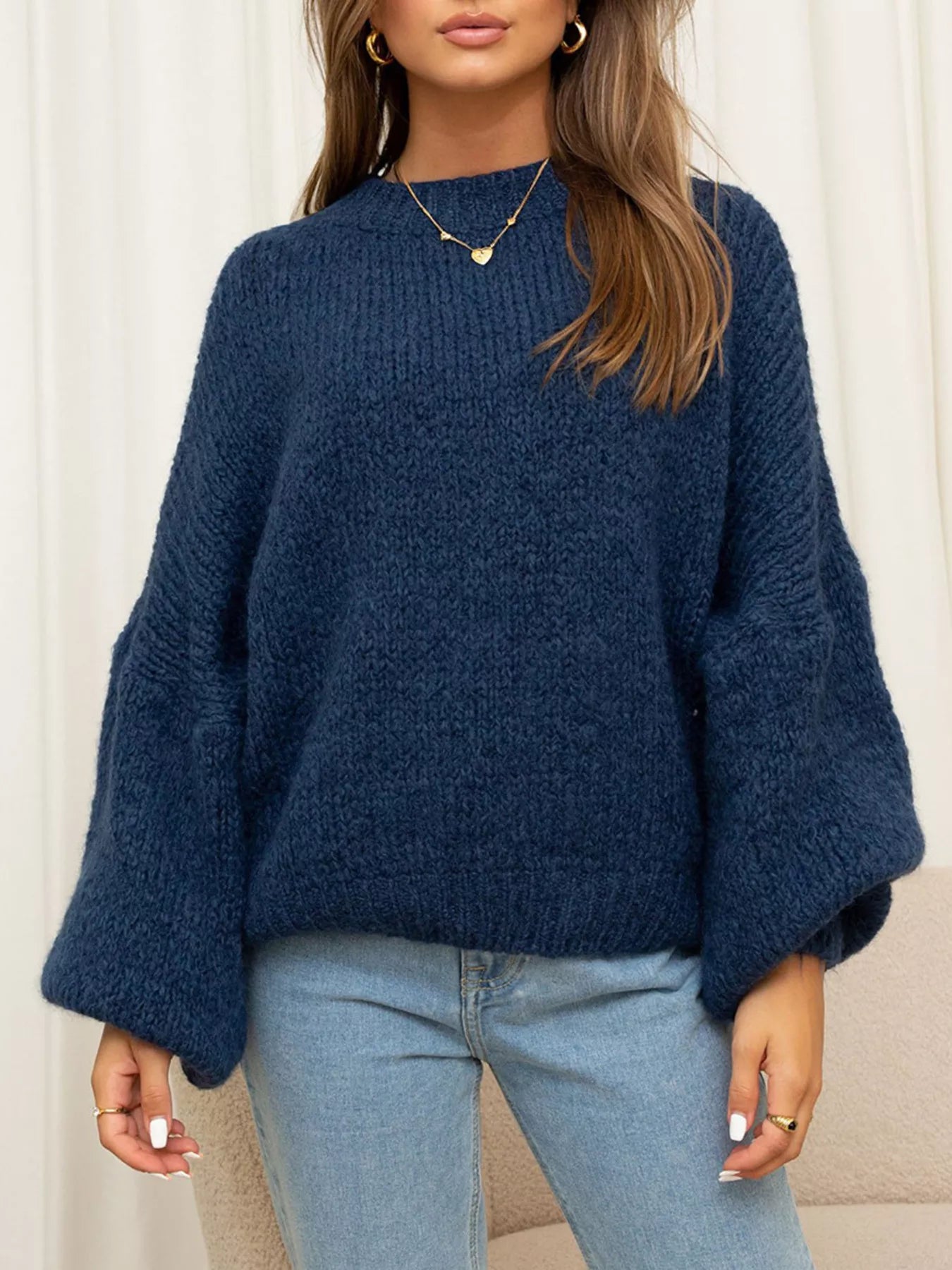 Round Neck Dropped Shoulder Sweater Navy Blue