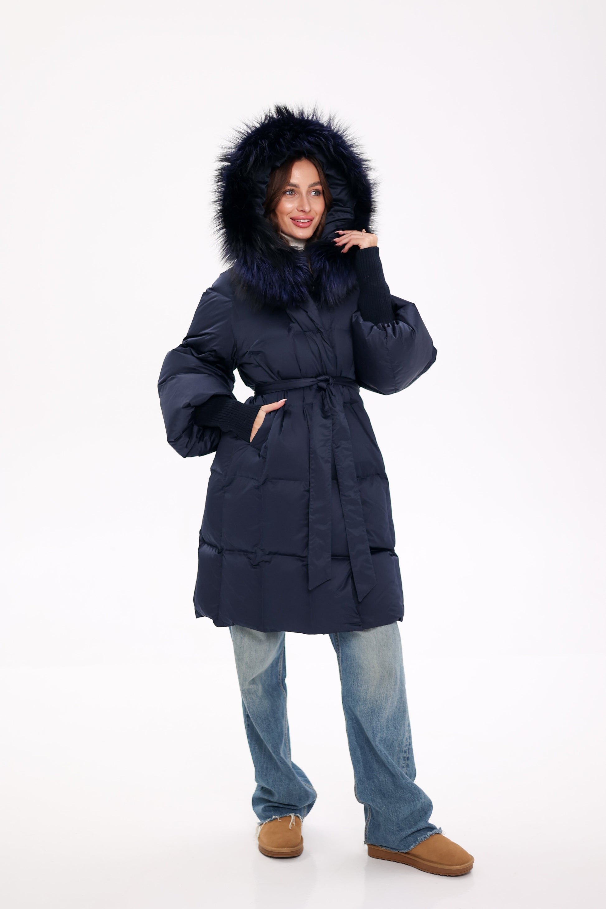 Genuine Fox Fur Trim Down Coat in Royal Blue