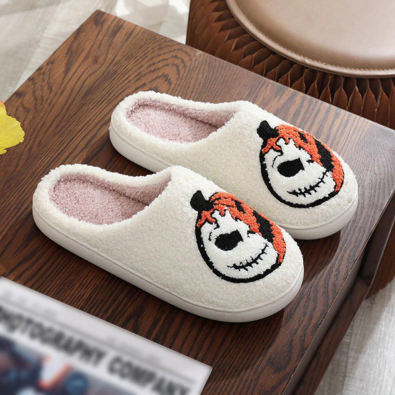 Halloween Purple Ghost Pumpkin Pattern Unisex Home Winter Fur Slippers White