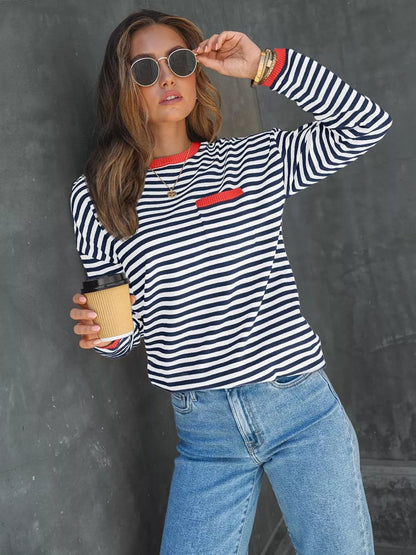 Striped Long Sleeve Sweater with Contrast Ribbed Trim Royal Blue Red