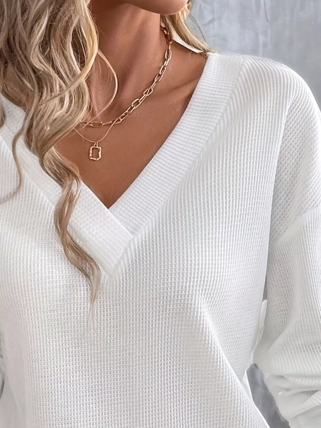 Plus Size V-Neck Long Sleeve Waffle Knit T-Shirt