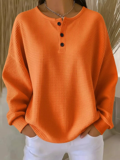 Full Size Waffle Knit Button Detail Top Plus Size Orange