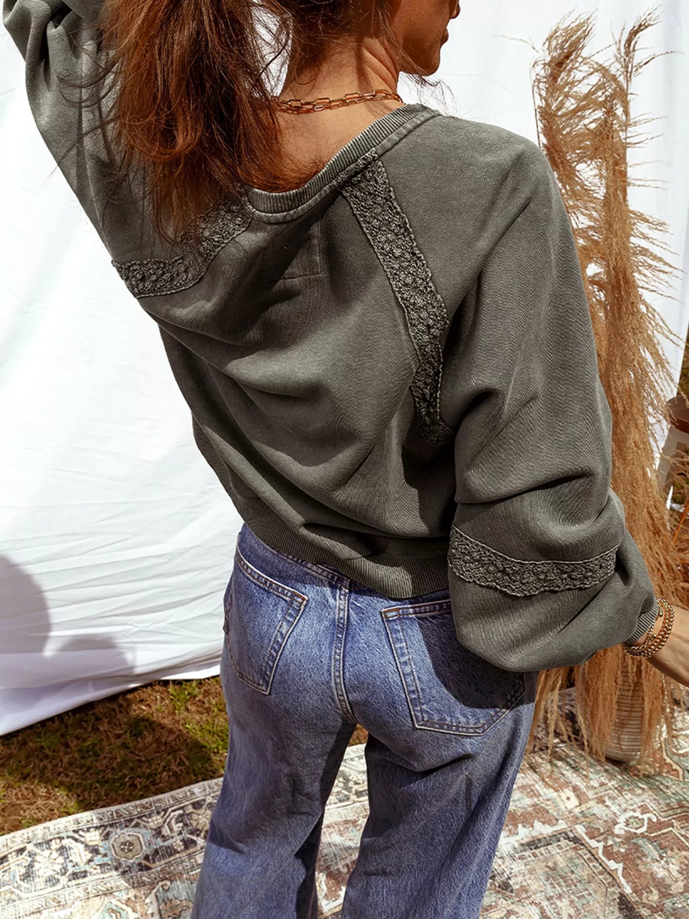 Lace Patchwork Detail Notched Mineral Wash Sweatshirt