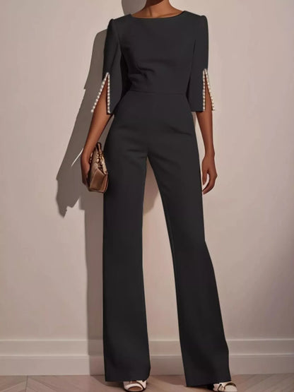 Wide-Leg Jumpsuit with Slit Sleeve Black