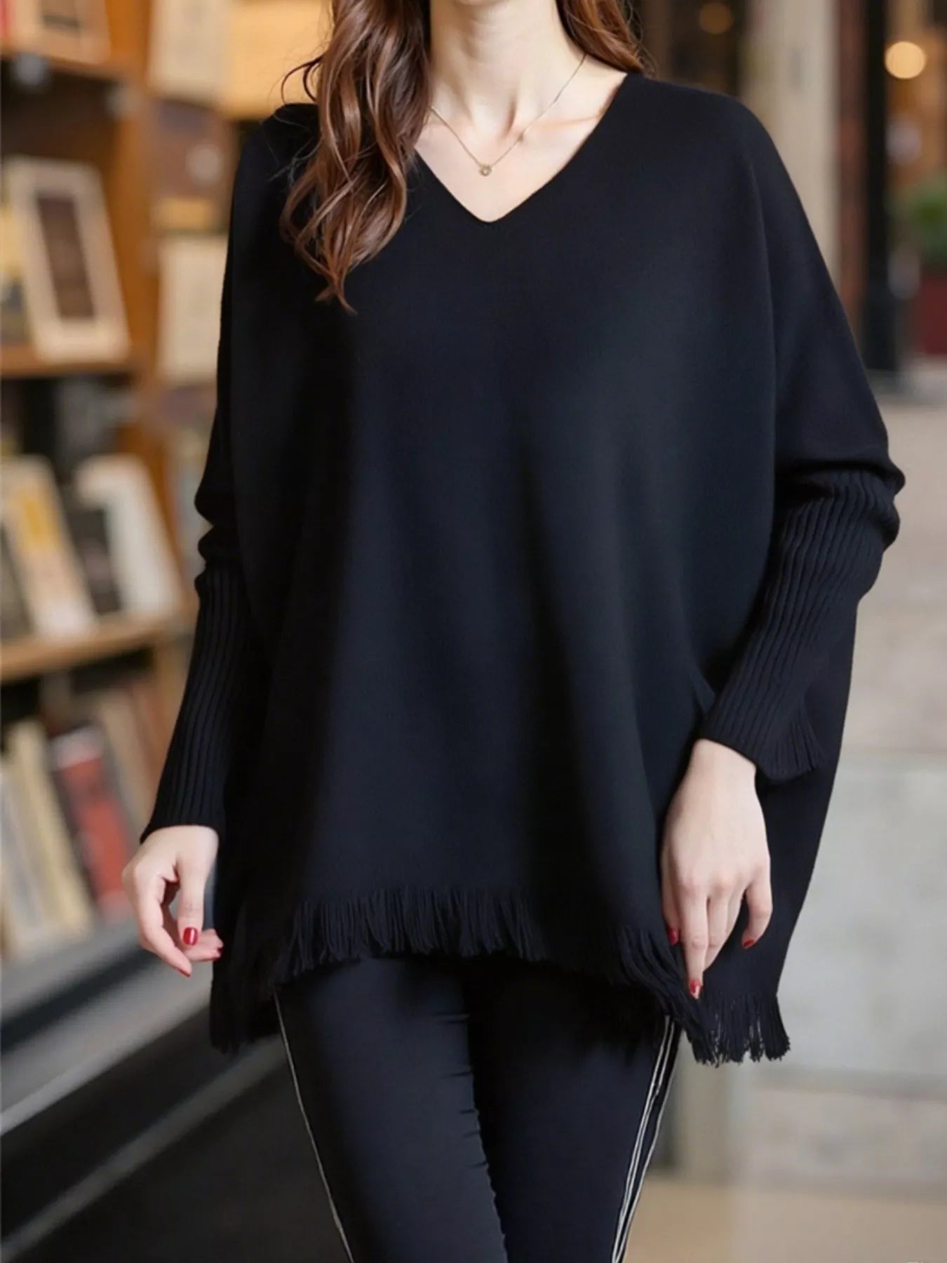 Raw Hem V-Neck Sweater